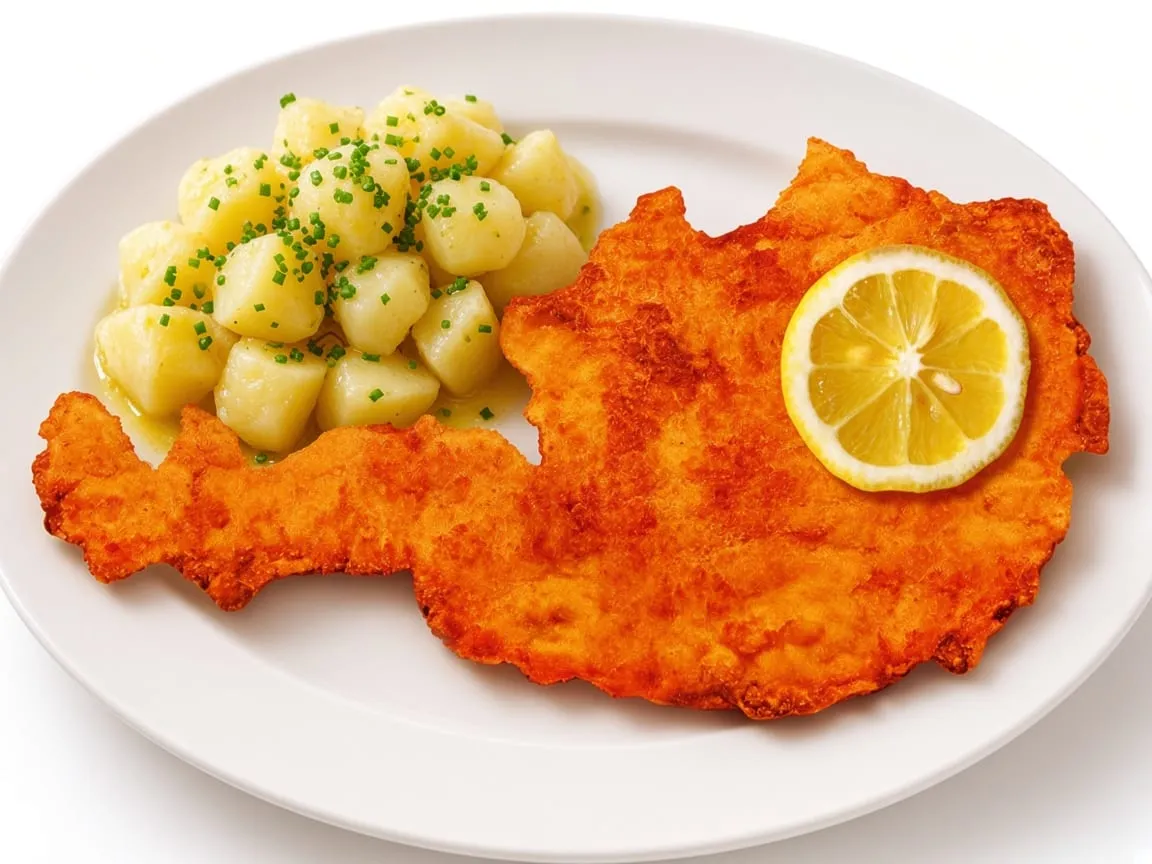 Austria-shaped Wiener schnitzel with lemon and potato salad