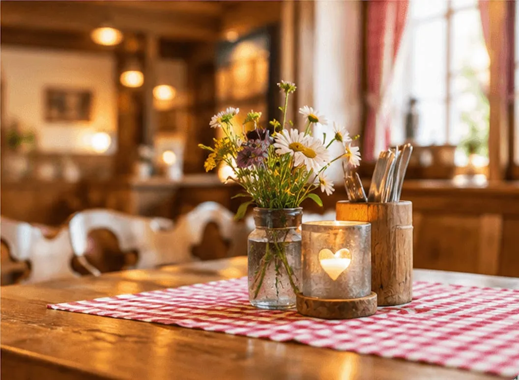 Rustic Austrian Gaststube with wooden chairs, tables and warm lighting